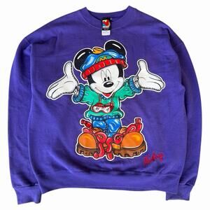 VTG 90s Mickey Mouse Jerry Leigh Disney Ski Snowboard Sweatshirt Purple OSFA